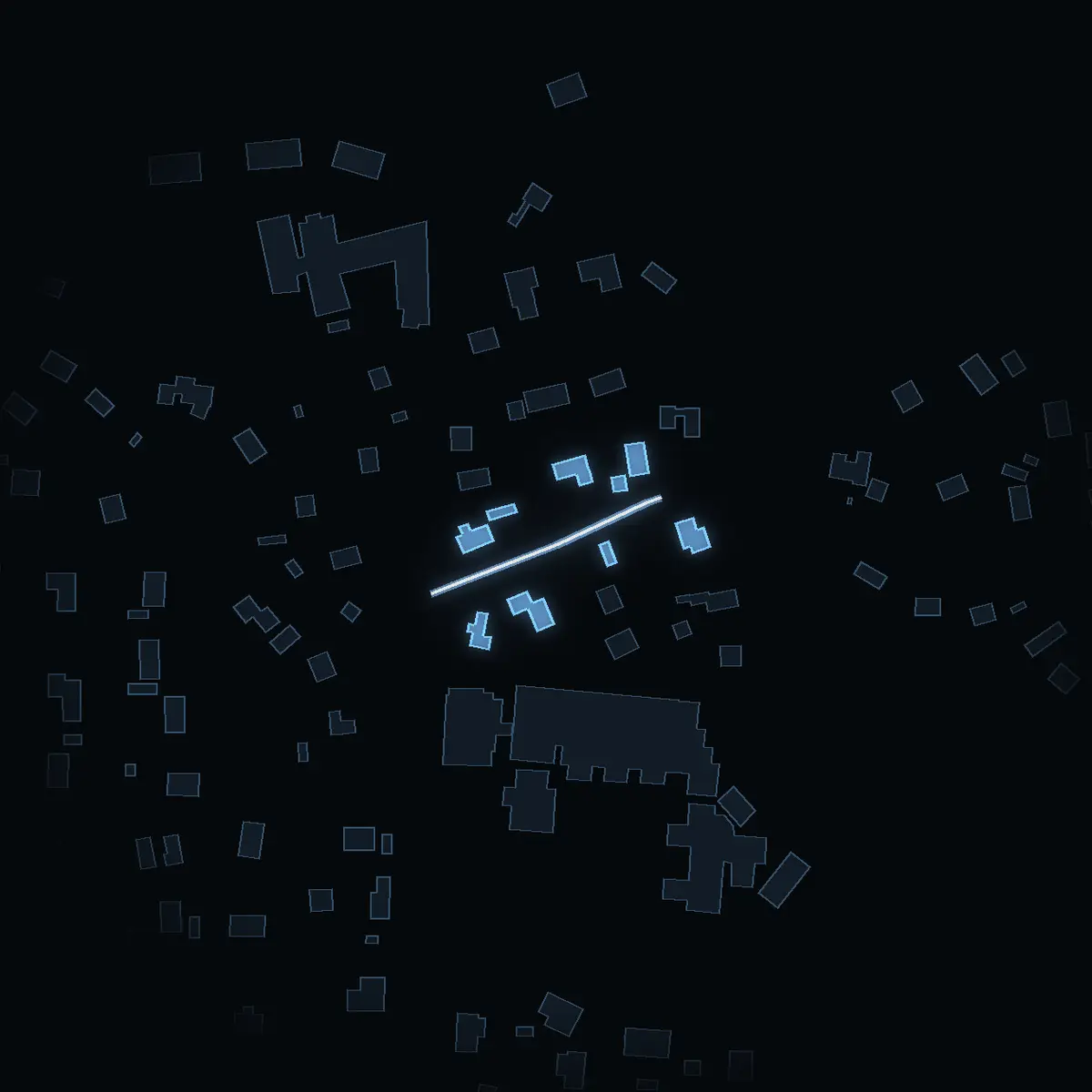 The street at night: Lostigen drawn in white, its buildings lit in the colour of their area’s income