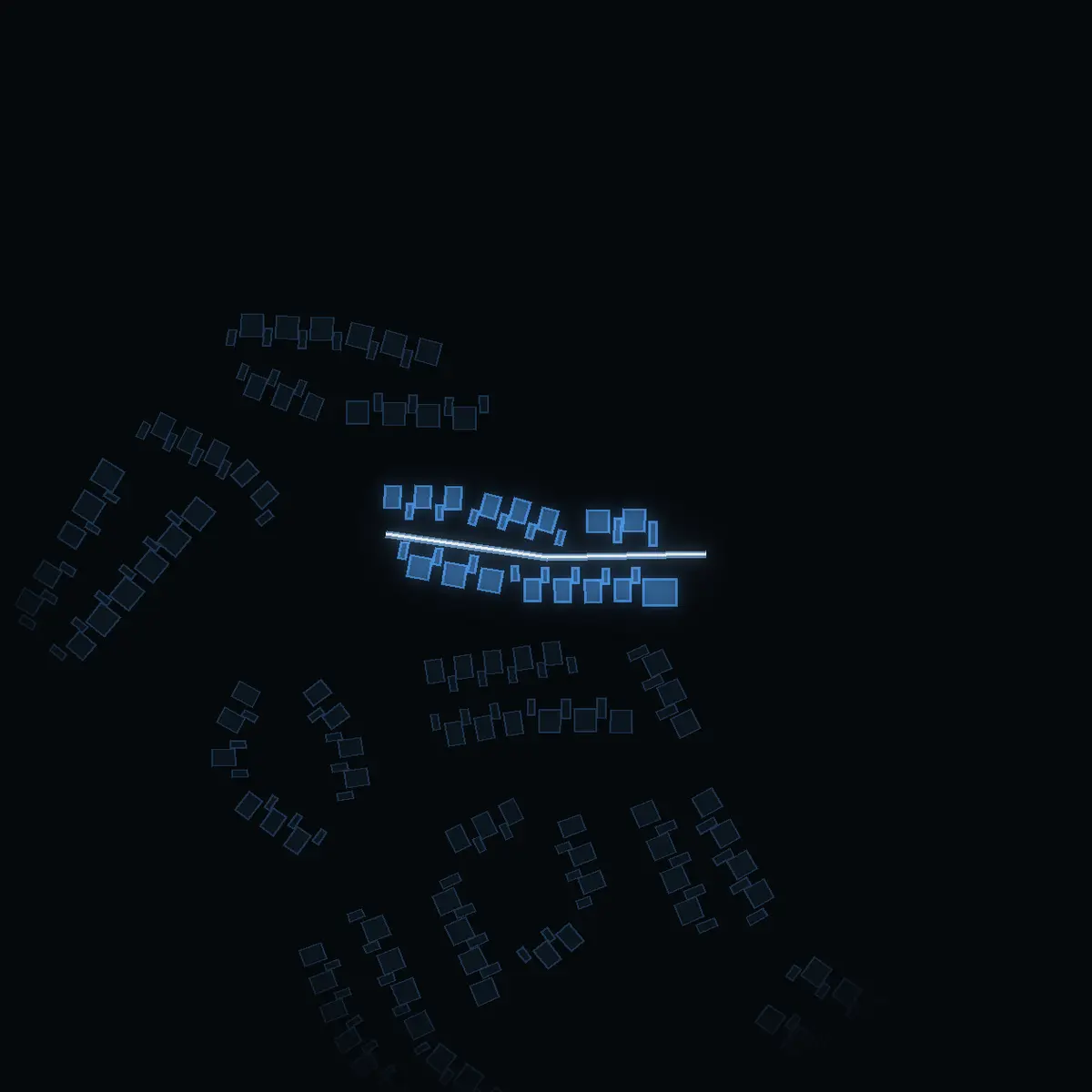 The street at night: Odonstigen drawn in white, its buildings lit in the colour of their area’s income