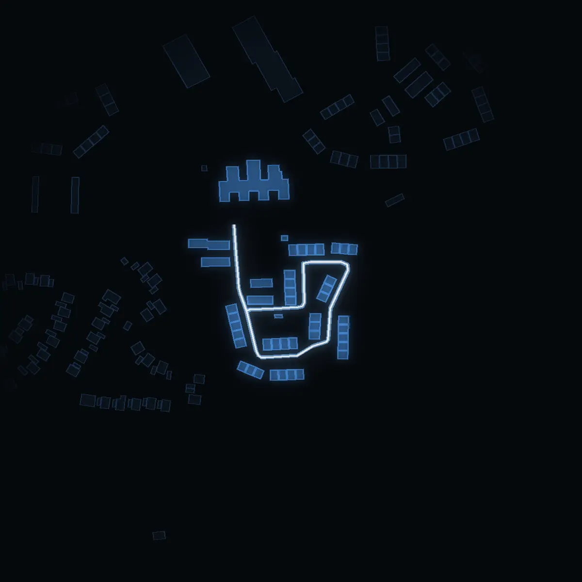 The street at night: Örnstigen drawn in white, its buildings lit in the colour of their area’s income