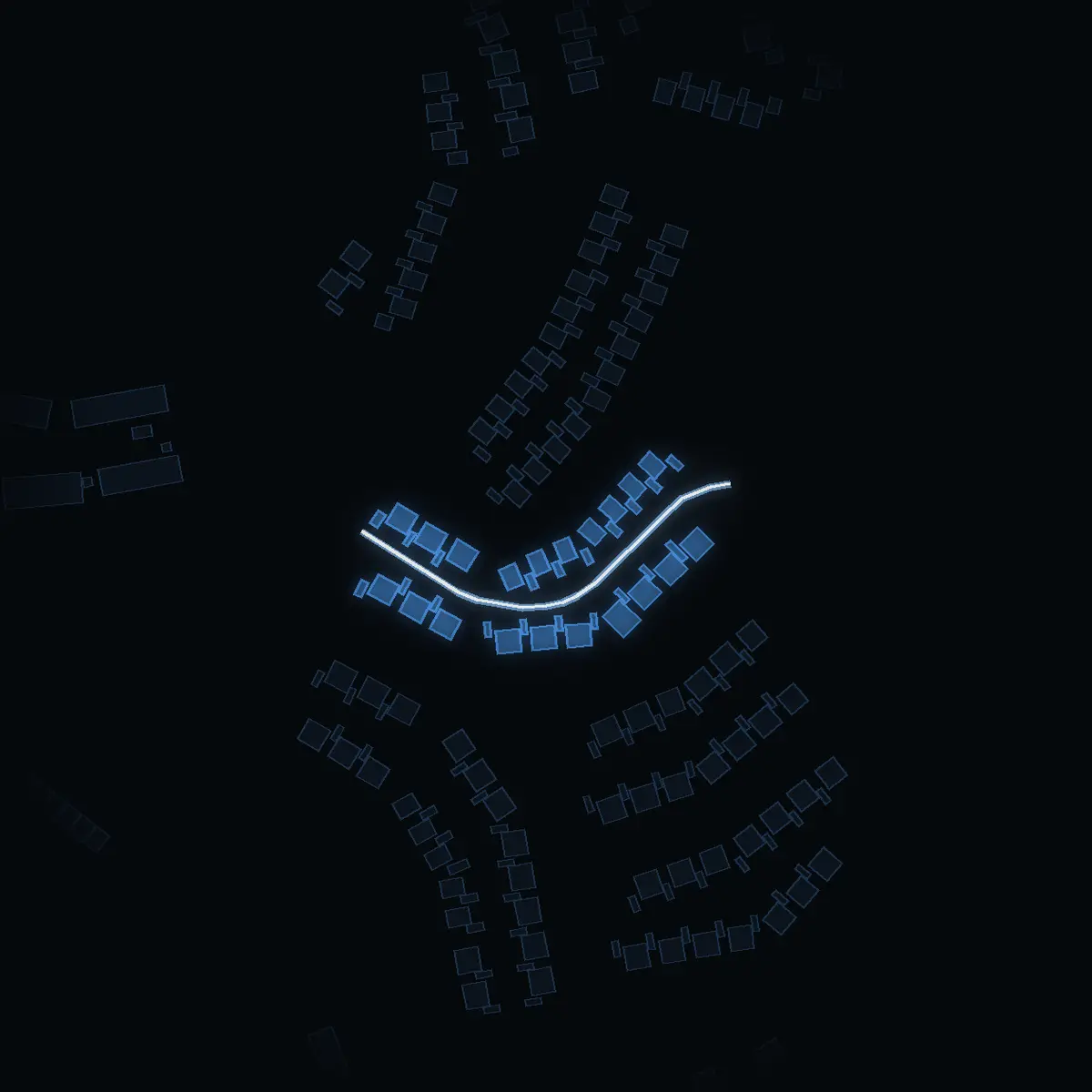 The street at night: Prästkragestigen drawn in white, its buildings lit in the colour of their area’s income