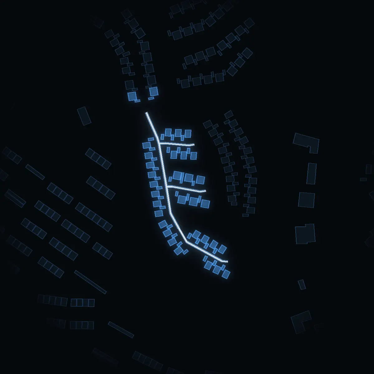 The street at night: Tibaststigen drawn in white, its buildings lit in the colour of their area’s income