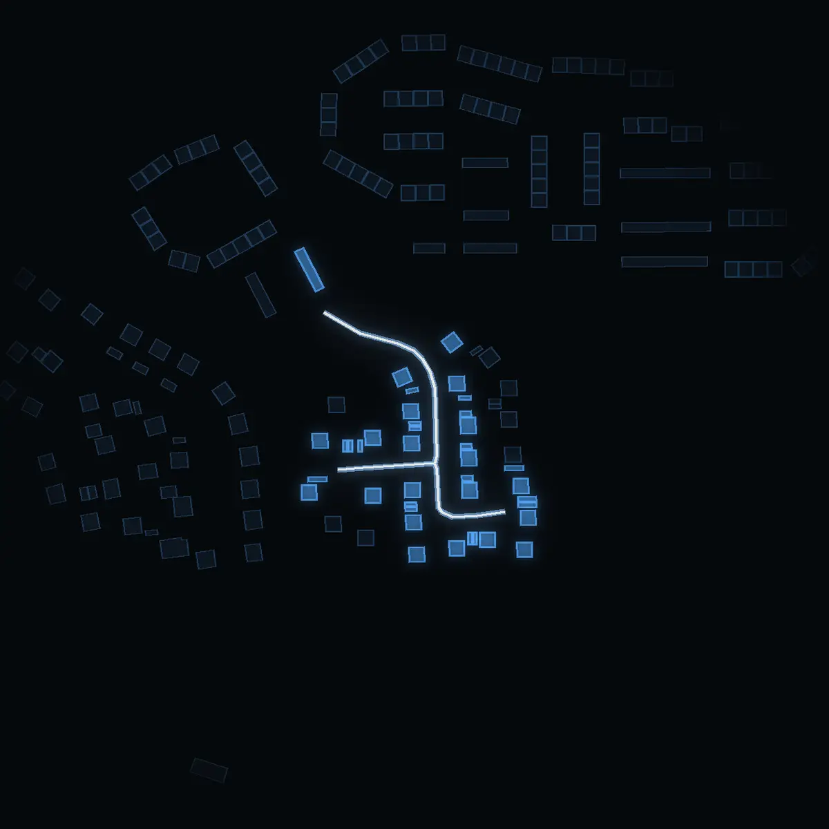 The street at night: Vårstigen drawn in white, its buildings lit in the colour of their area’s income