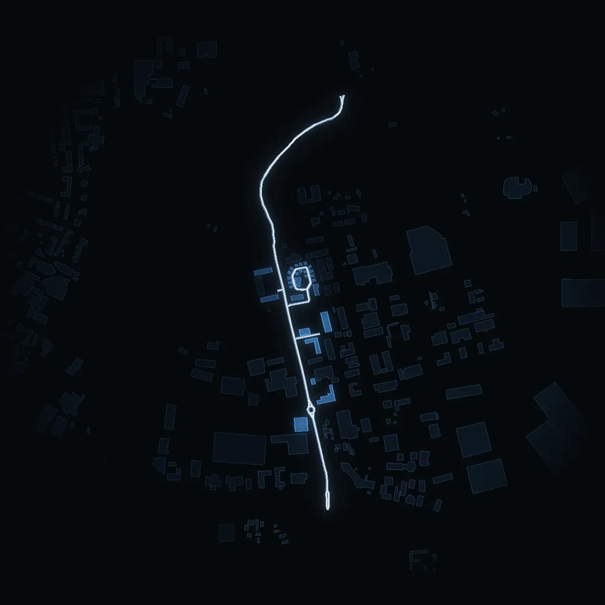 The street at night: Bristagatan drawn in white, its buildings lit in the colour of their area’s income