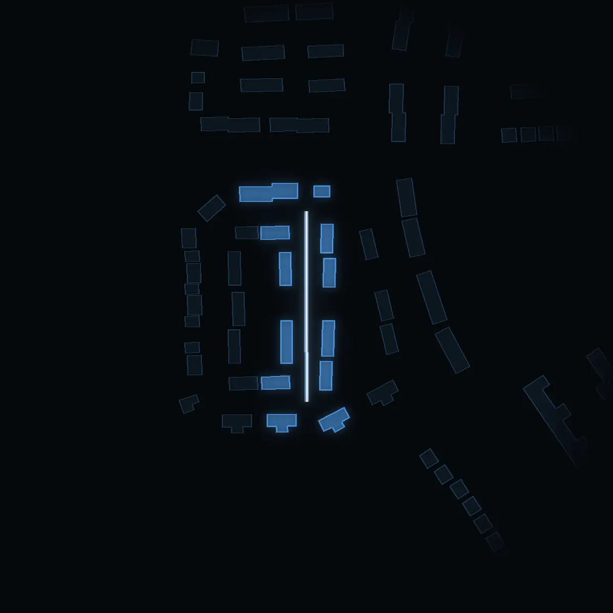 The street at night: Drejskivans Väg drawn in white, its buildings lit in the colour of their area’s income