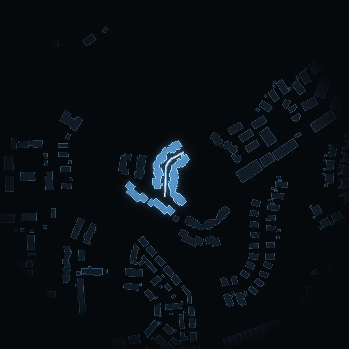 The street at night: Enbärsvägen drawn in white, its buildings lit in the colour of their area’s income
