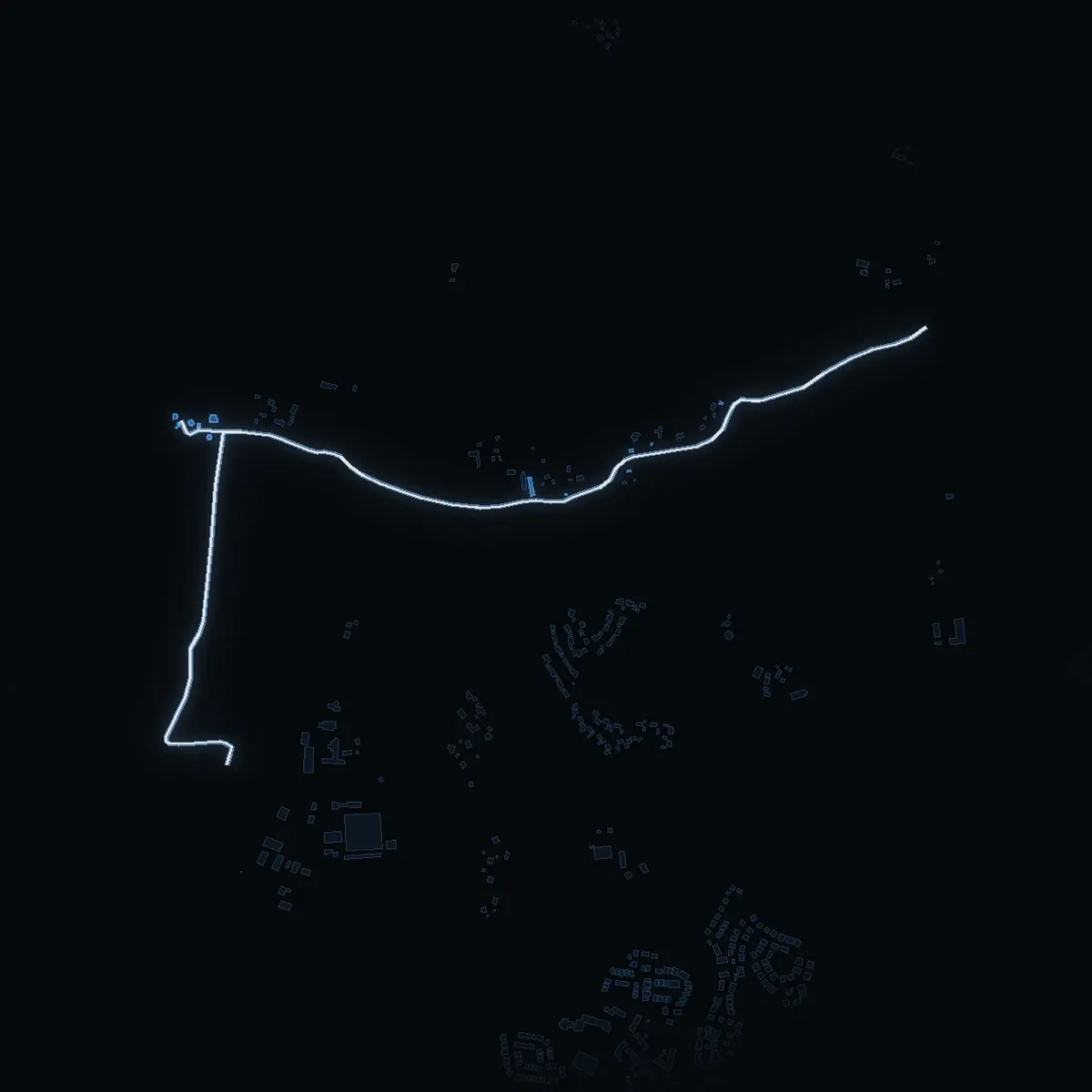 The street at night: Enebyvägen drawn in white, its buildings lit in the colour of their area’s income