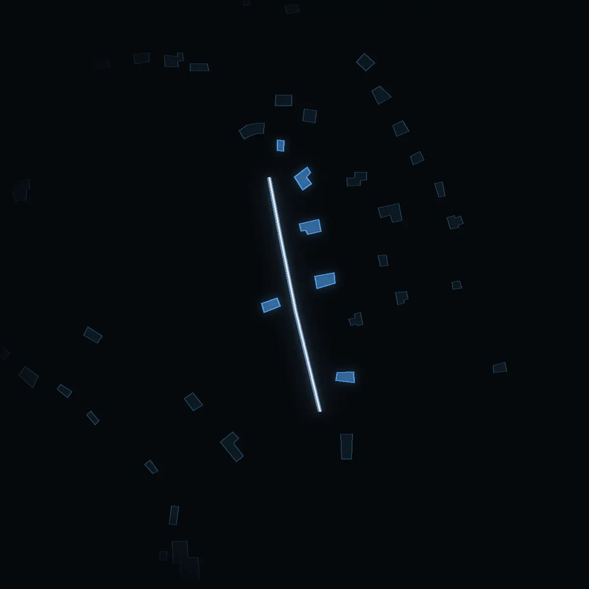 The street at night: Fölvägen drawn in white, its buildings lit in the colour of their area’s income