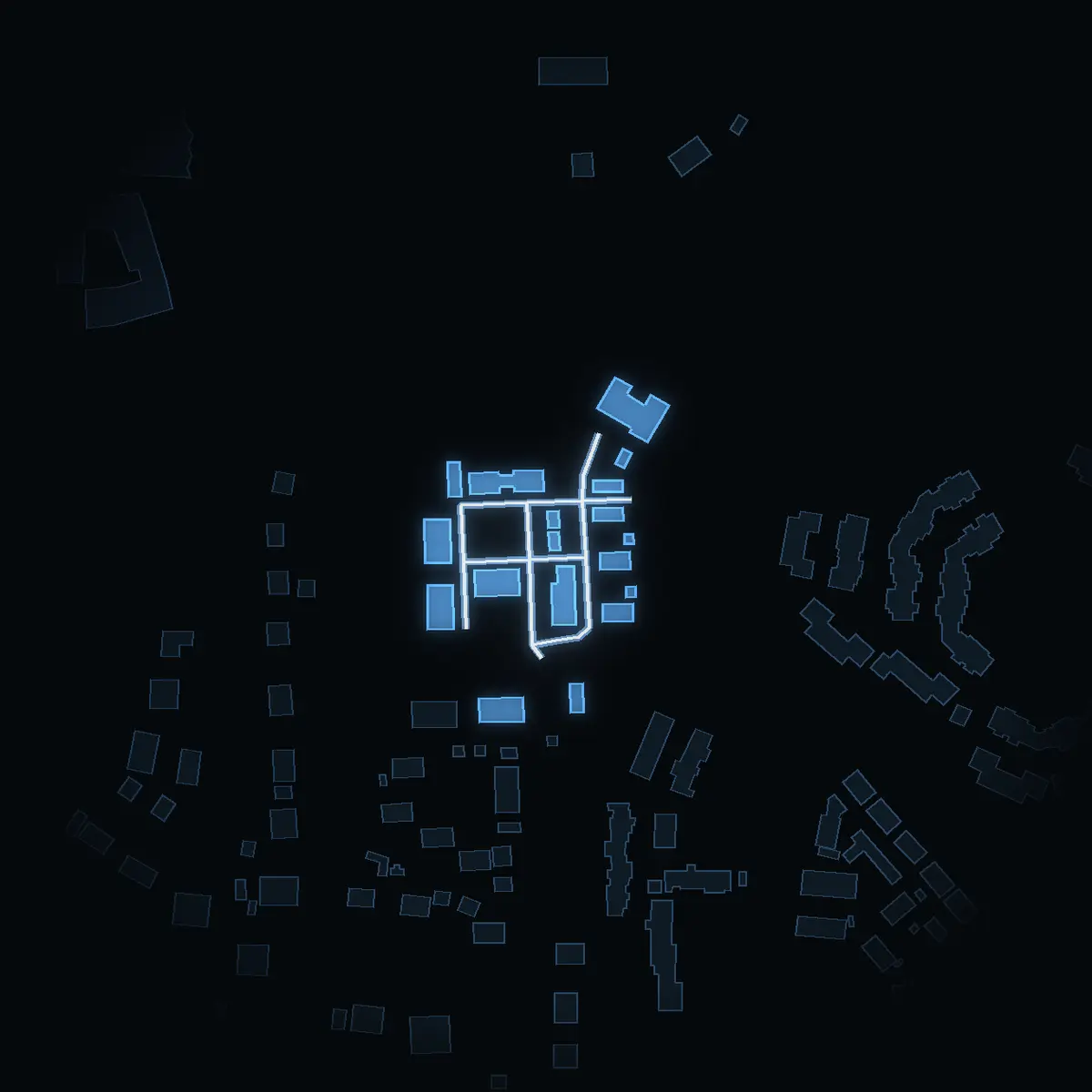 The street at night: Hagtornsvägen drawn in white, its buildings lit in the colour of their area’s income