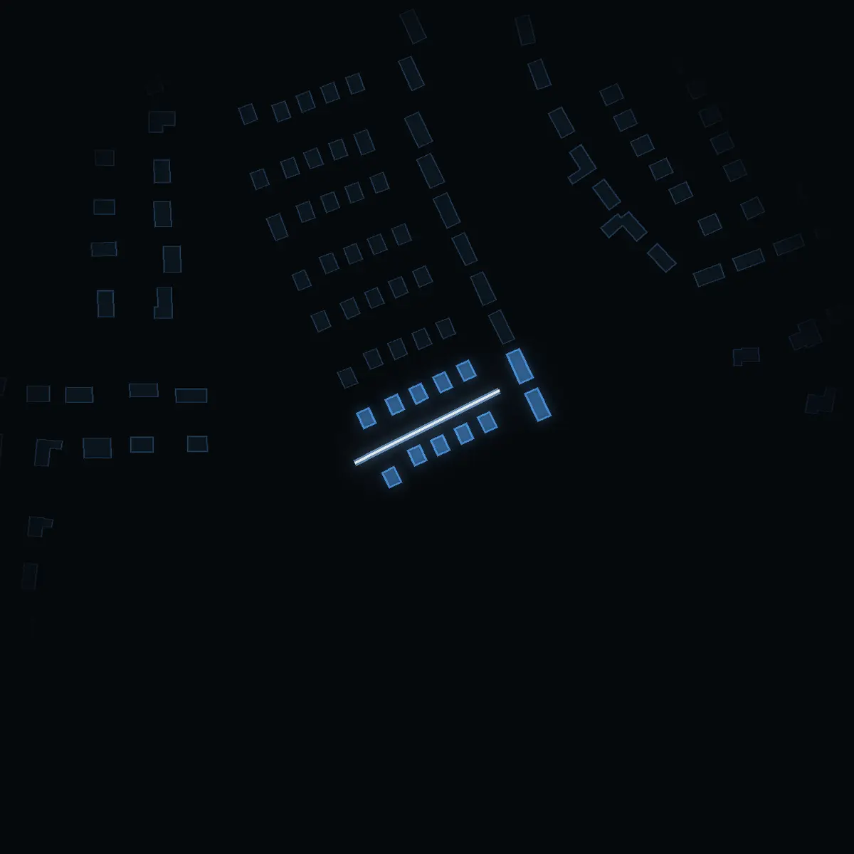 The street at night: Hjortronstigen drawn in white, its buildings lit in the colour of their area’s income
