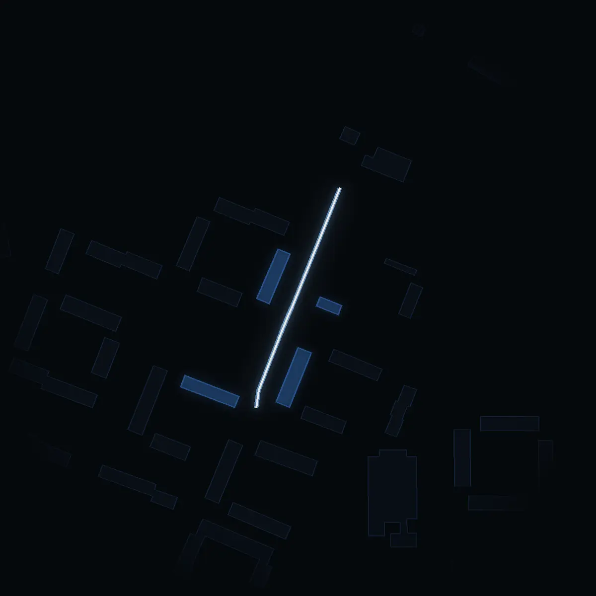 The street at night: Hugingatan drawn in white, its buildings lit in the colour of their area’s income