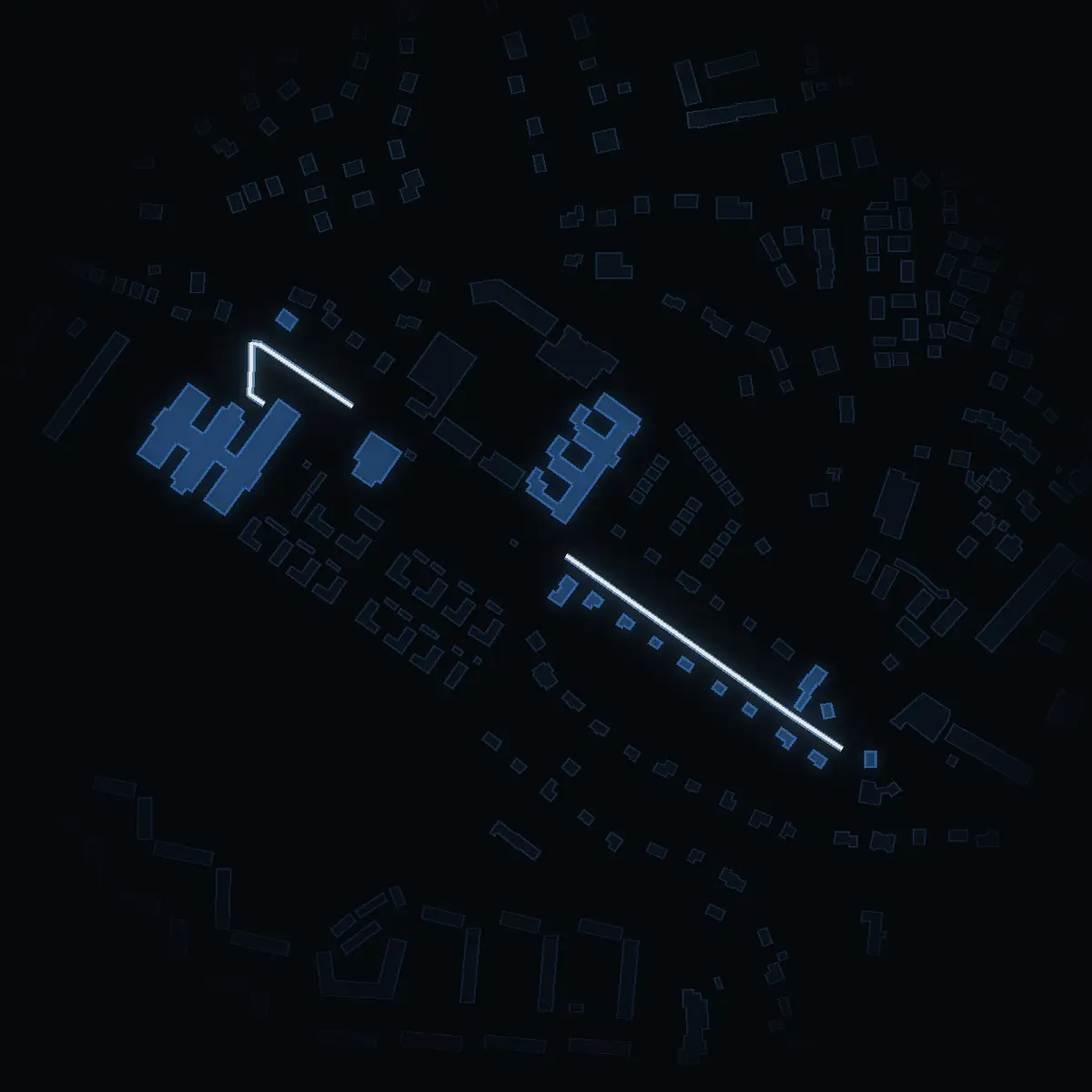 The street at night: Idrottsvägen drawn in white, its buildings lit in the colour of their area’s income