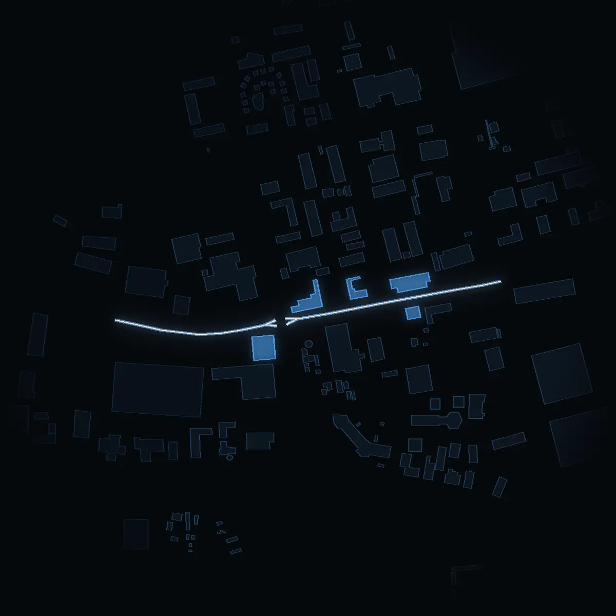 The street at night: Industrigatan drawn in white, its buildings lit in the colour of their area’s income