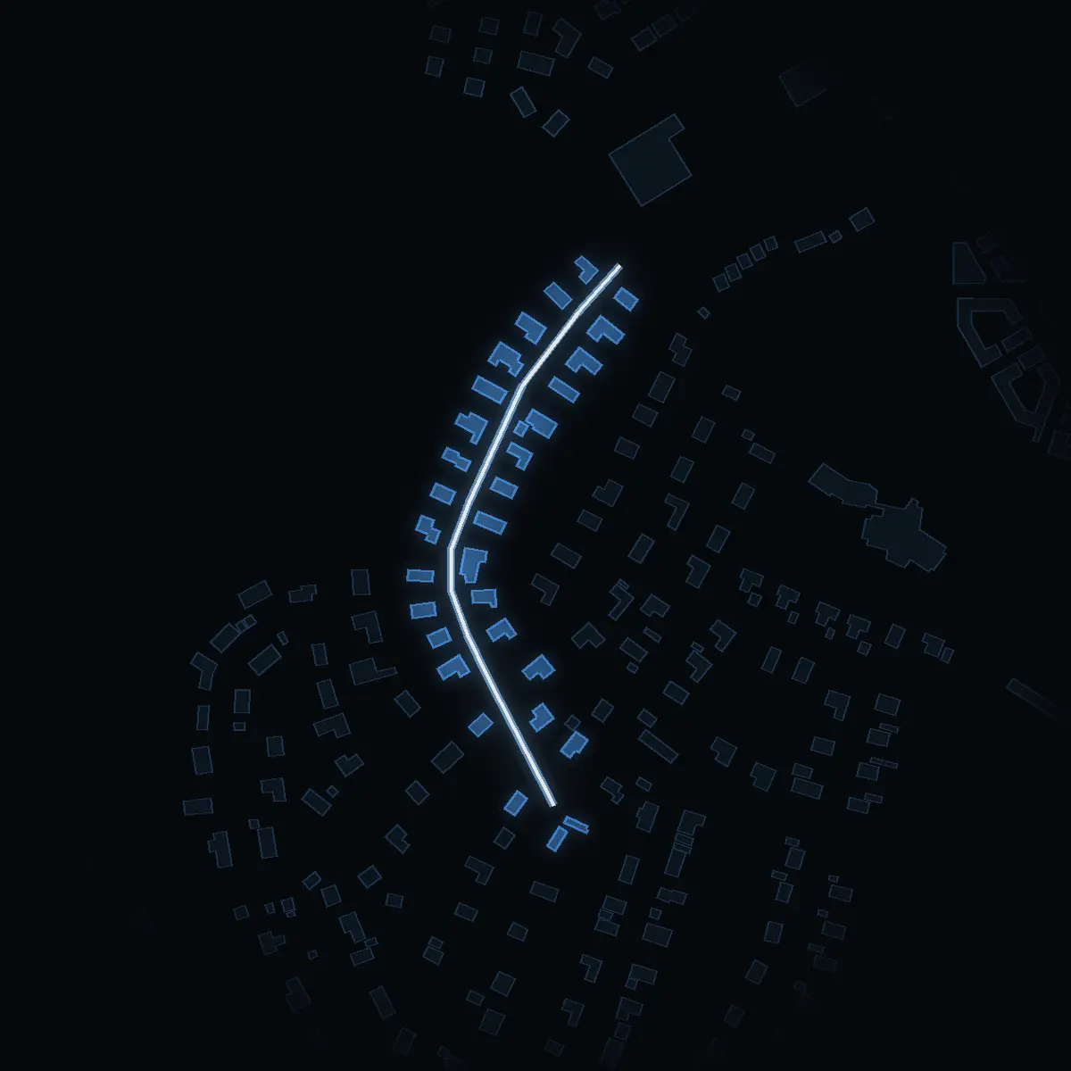 The street at night: Jarlers väg drawn in white, its buildings lit in the colour of their area’s income