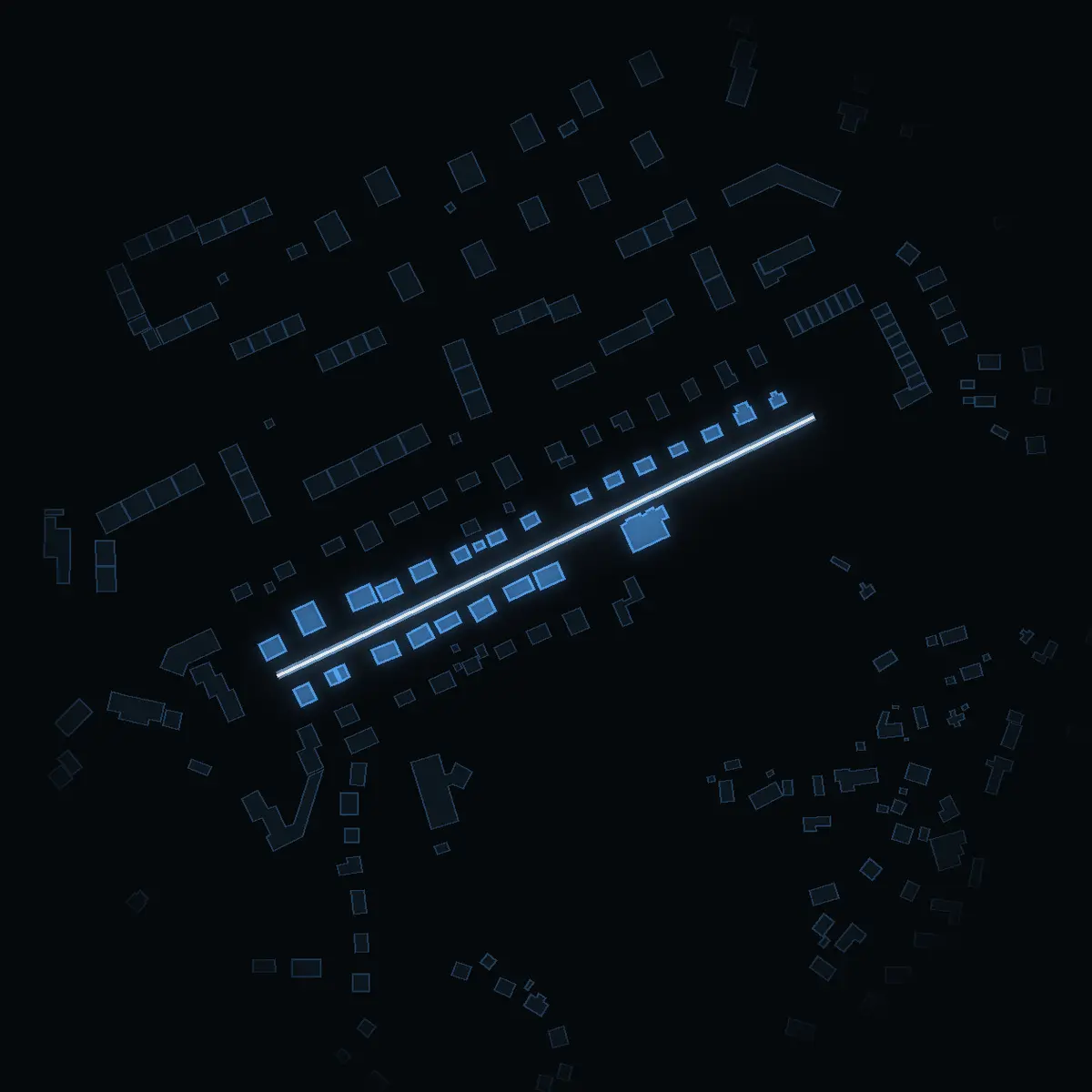 The street at night: Lilla Brännbovägen drawn in white, its buildings lit in the colour of their area’s income