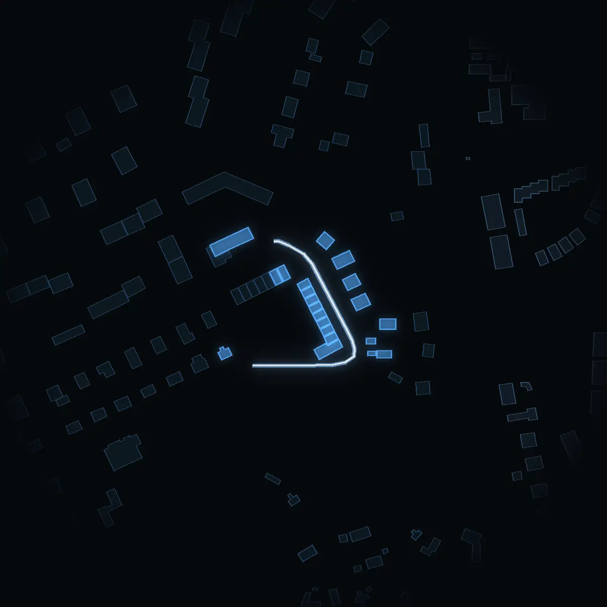 The street at night: Mjölnarvägen drawn in white, its buildings lit in the colour of their area’s income