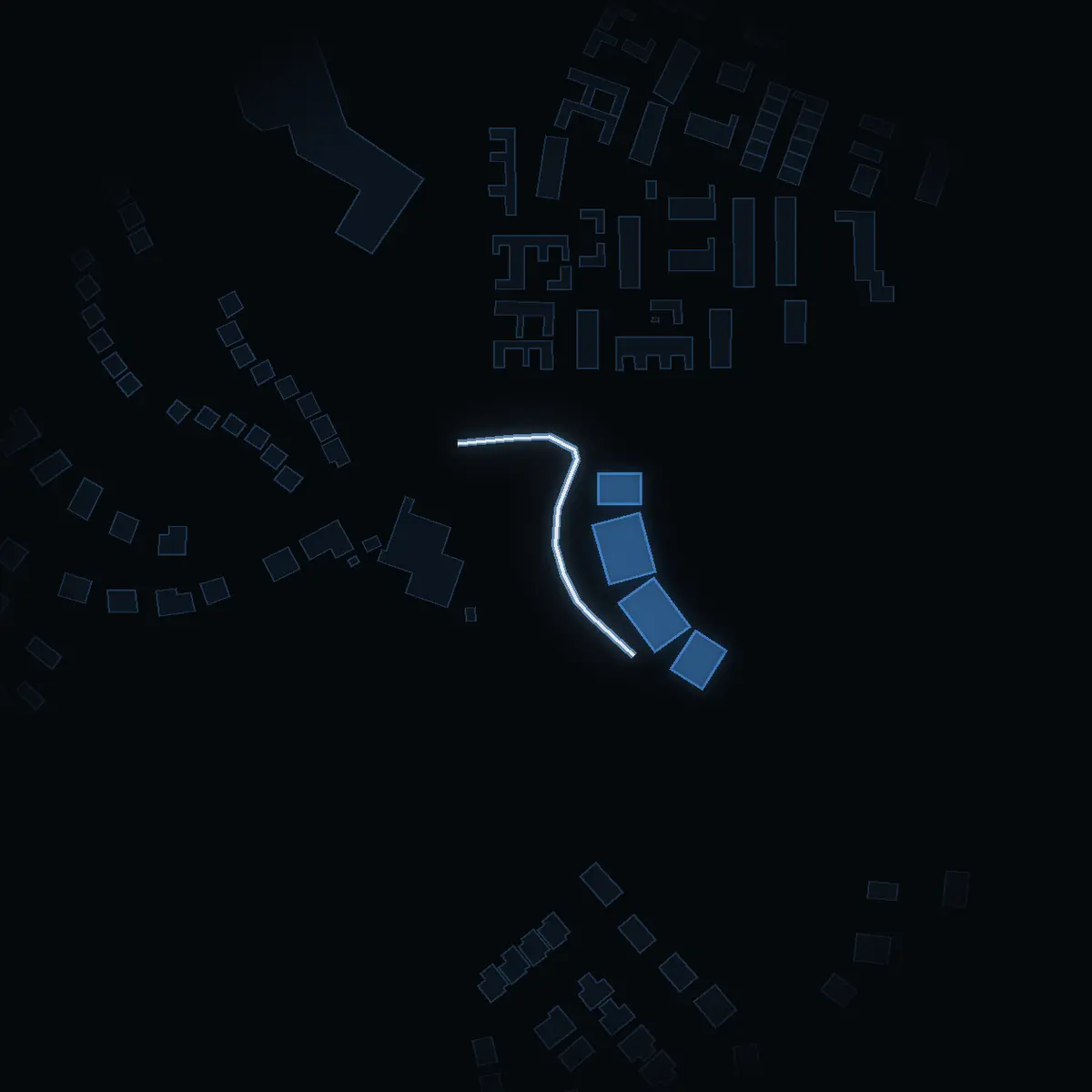 The street at night: Neptunusbacken drawn in white, its buildings lit in the colour of their area’s income