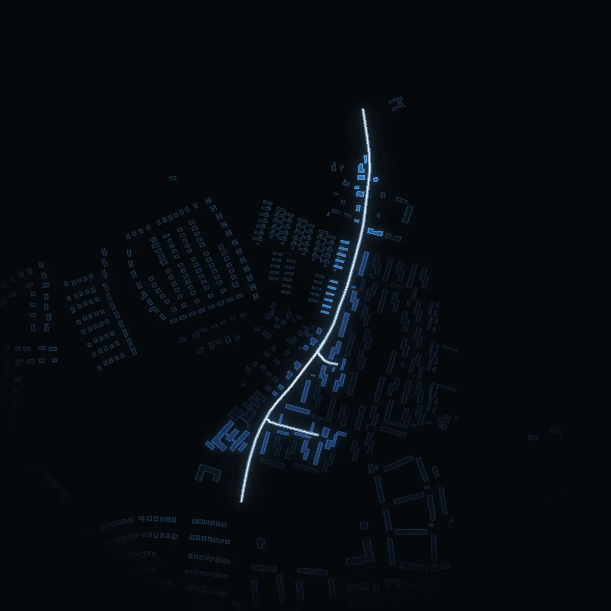 The street at night: Odensalavägen drawn in white, its buildings lit in the colour of their area’s income