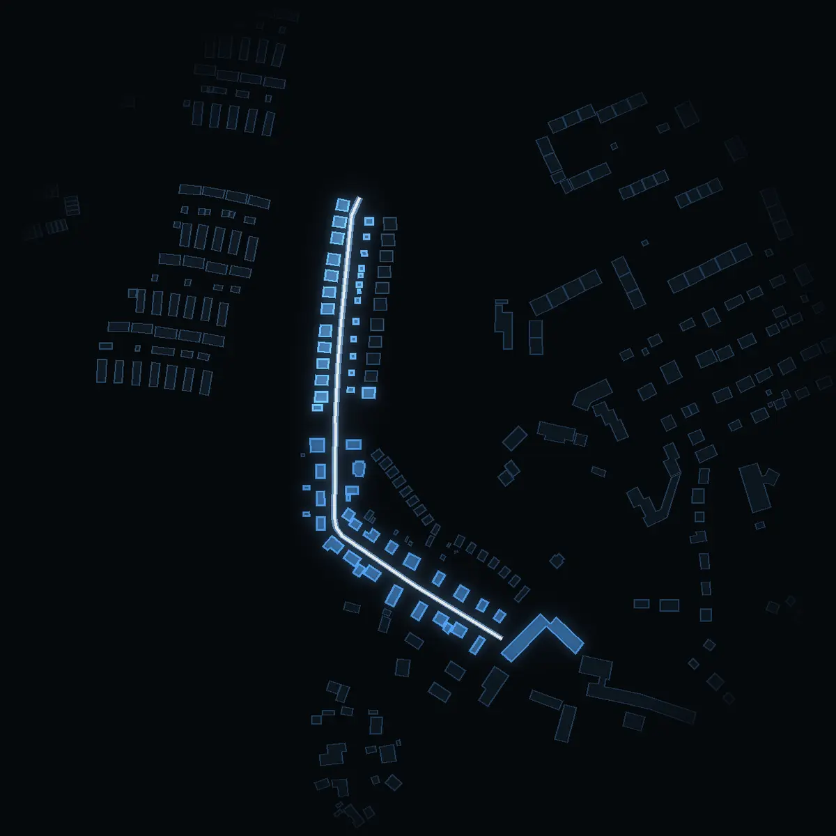 The street at night: Olof Skötkonungs väg drawn in white, its buildings lit in the colour of their area’s income