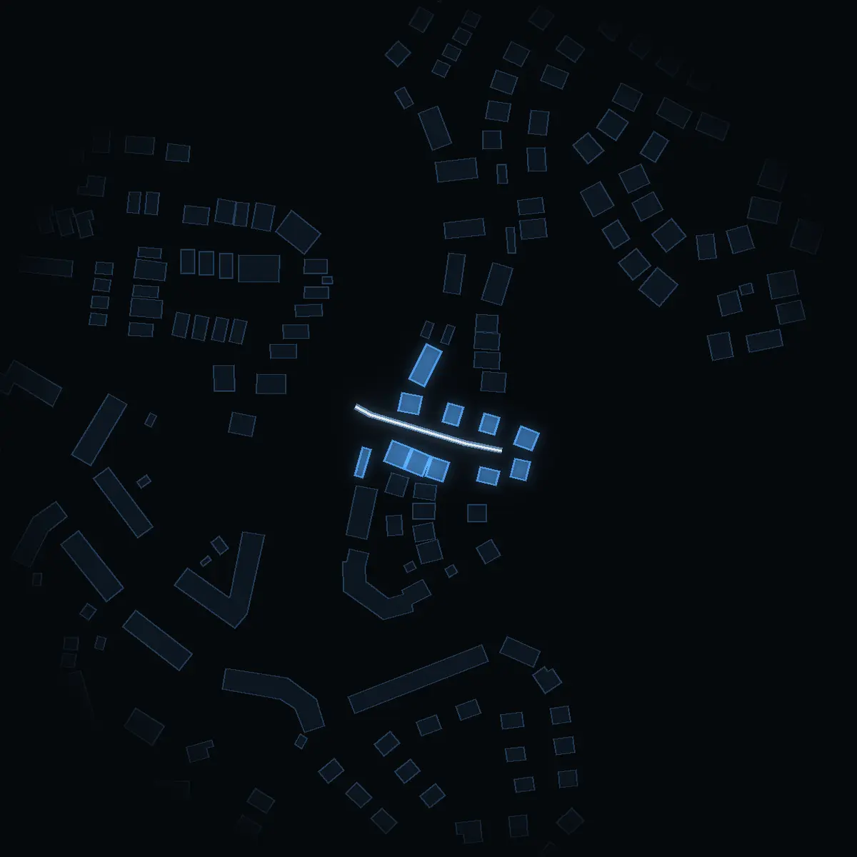 The street at night: Plommonvägen drawn in white, its buildings lit in the colour of their area’s income