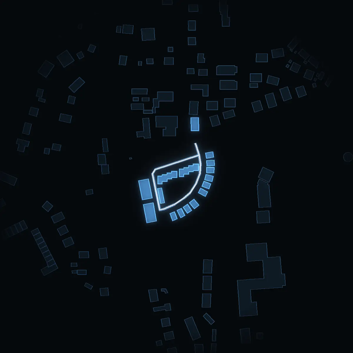 The street at night: Rådman Ledins väg drawn in white, its buildings lit in the colour of their area’s income