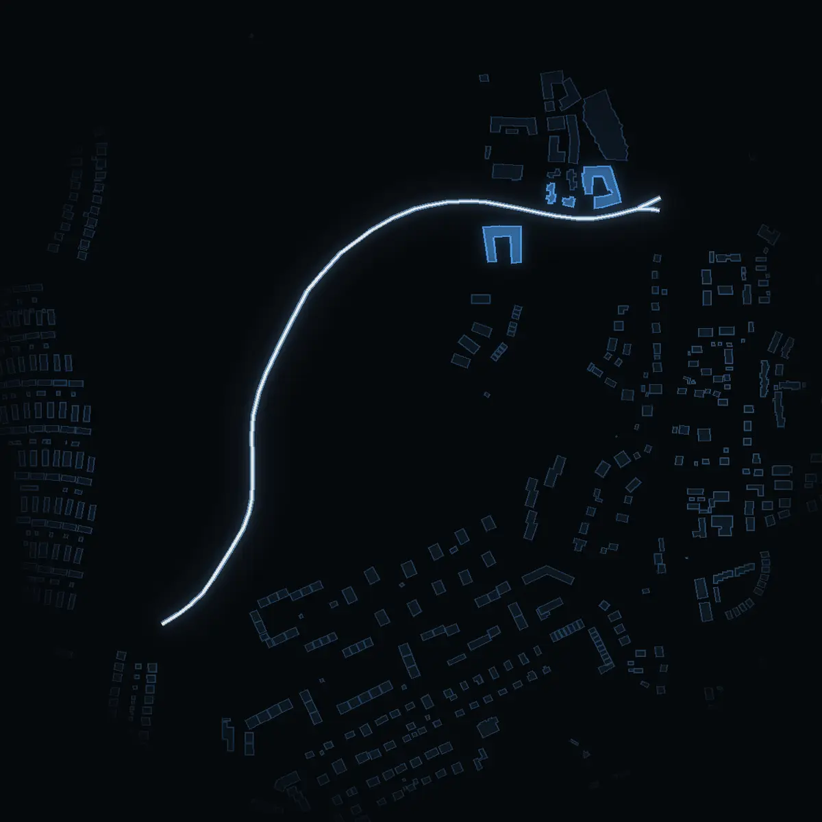 The street at night: Ragvaldsbovägen drawn in white, its buildings lit in the colour of their area’s income