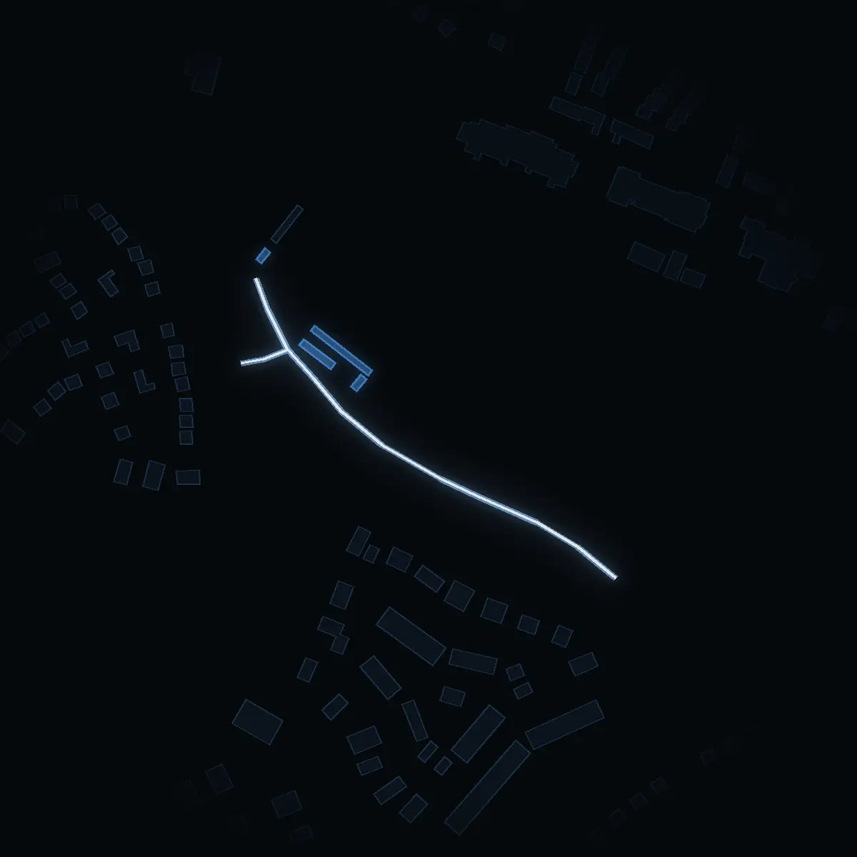 The street at night: Rymdgatan drawn in white, its buildings lit in the colour of their area’s income