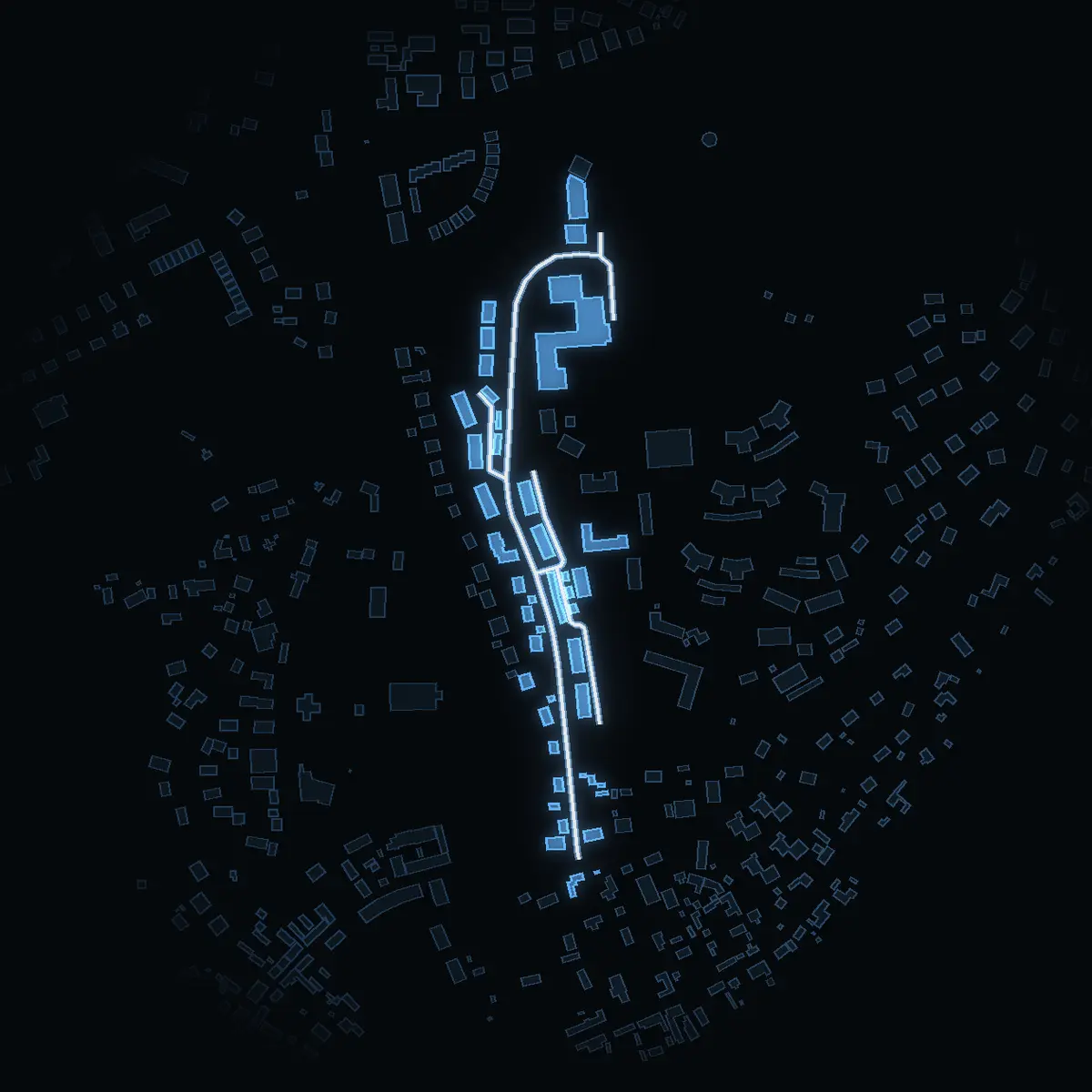 The street at night: Skolbacken drawn in white, its buildings lit in the colour of their area’s income