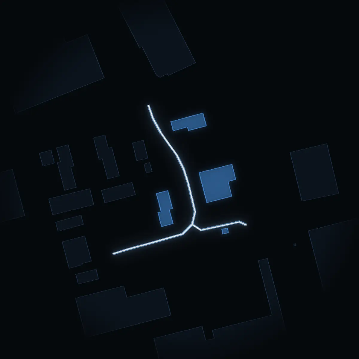 Gatan nattetid: Stålgatan inritad i vitt, husen tända i färgen för områdets inkomst