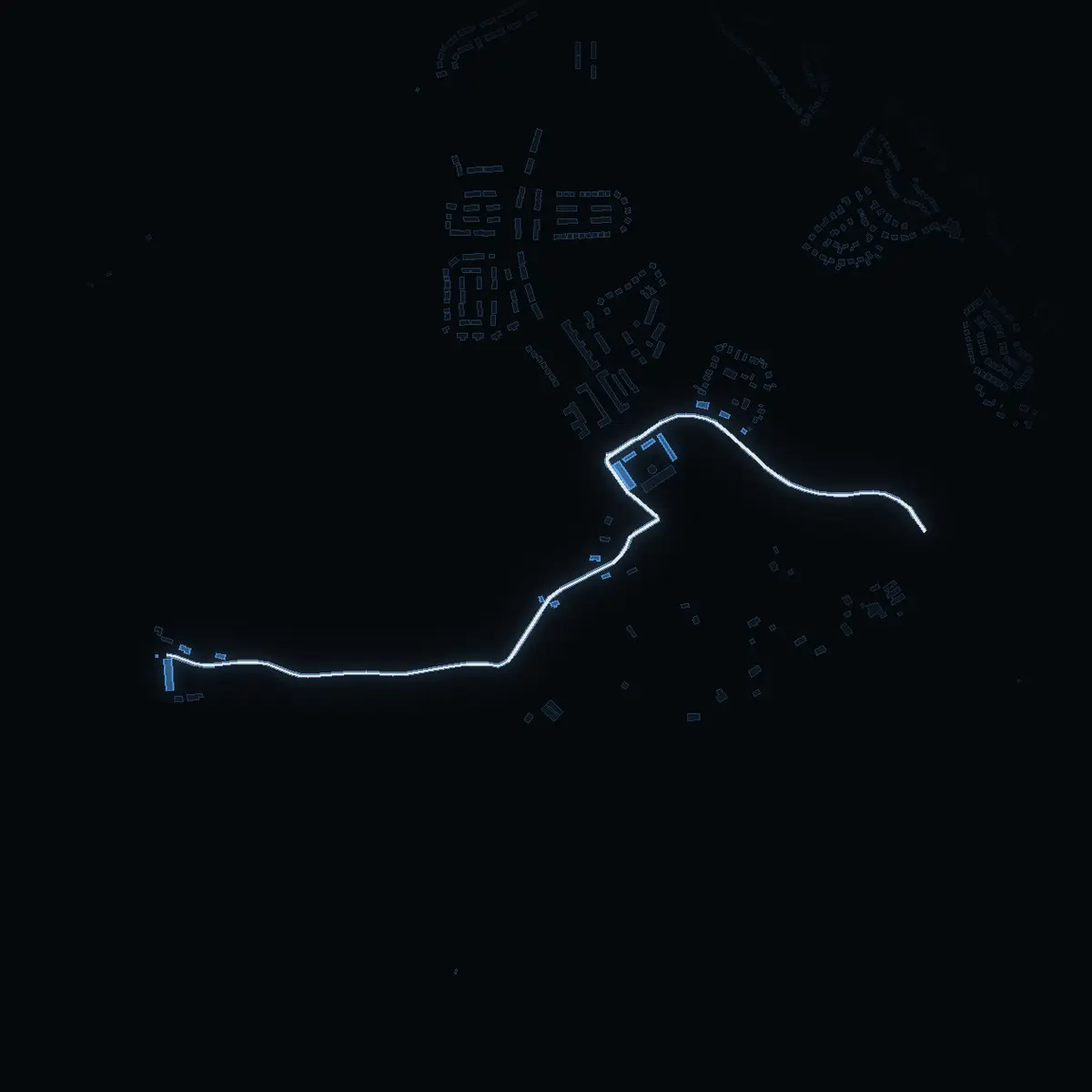 The street at night: Steninge slottsväg drawn in white, its buildings lit in the colour of their area’s income