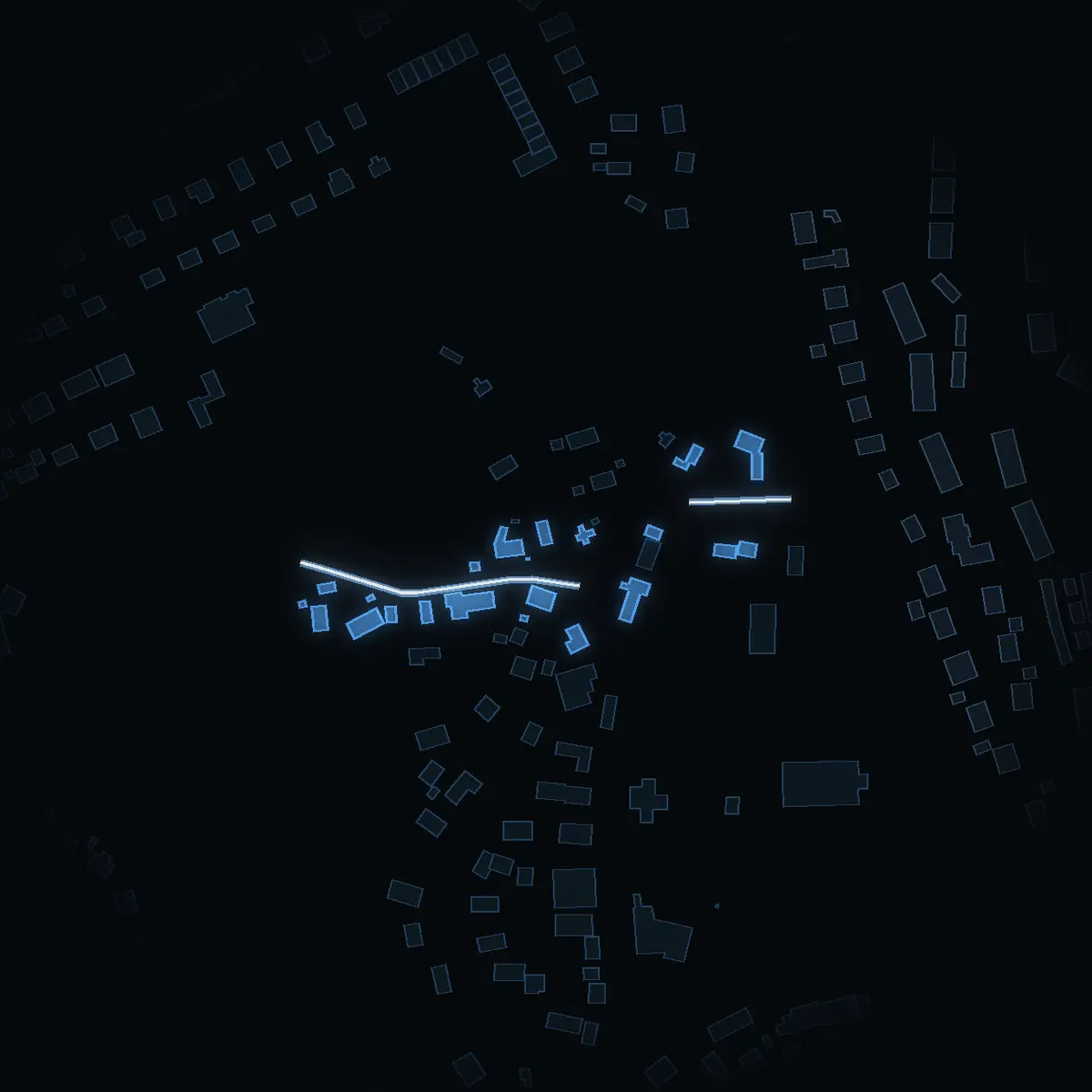 The street at night: Stenvretsvägen drawn in white, its buildings lit in the colour of their area’s income