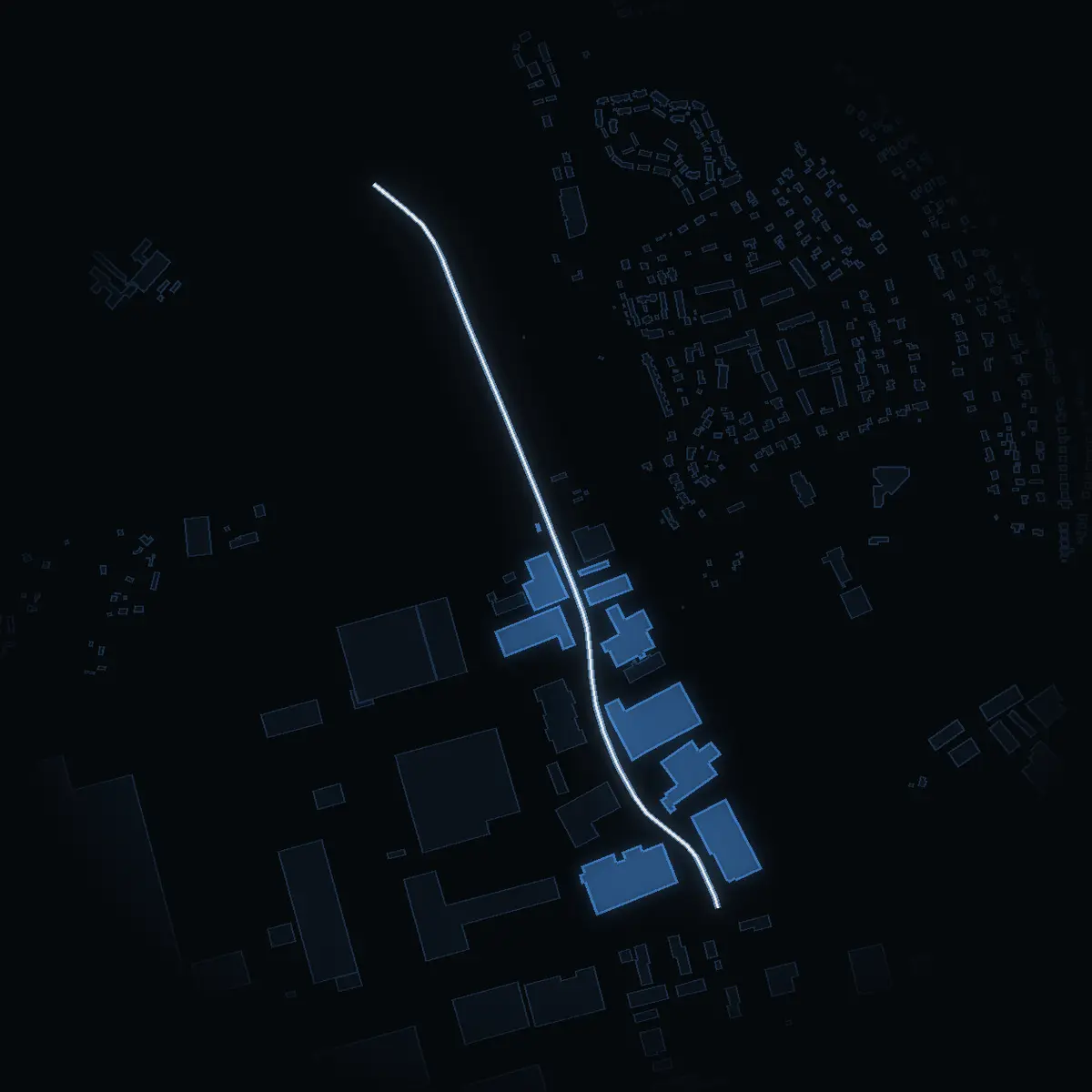 The street at night: Tallbacksgatan drawn in white, its buildings lit in the colour of their area’s income