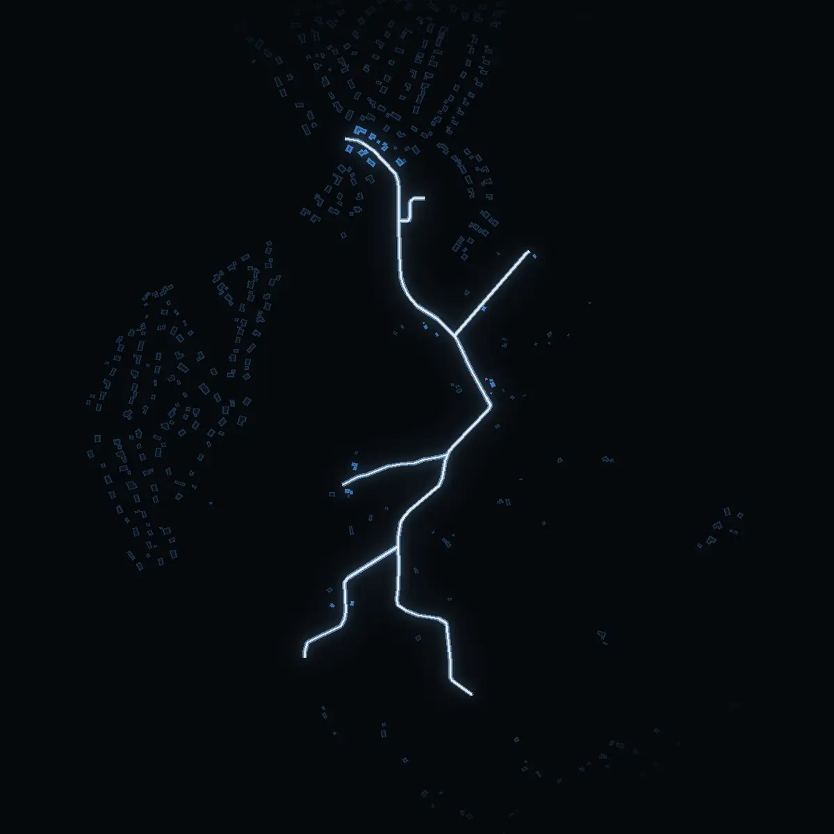 The street at night: Tilskogsvägen drawn in white, its buildings lit in the colour of their area’s income