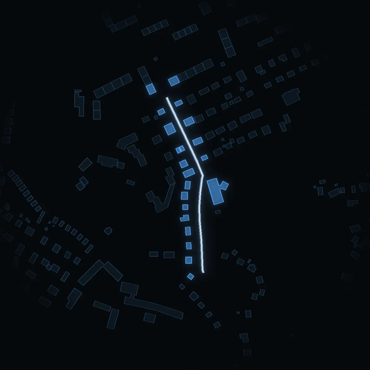 The street at night: Tivolivägen drawn in white, its buildings lit in the colour of their area’s income