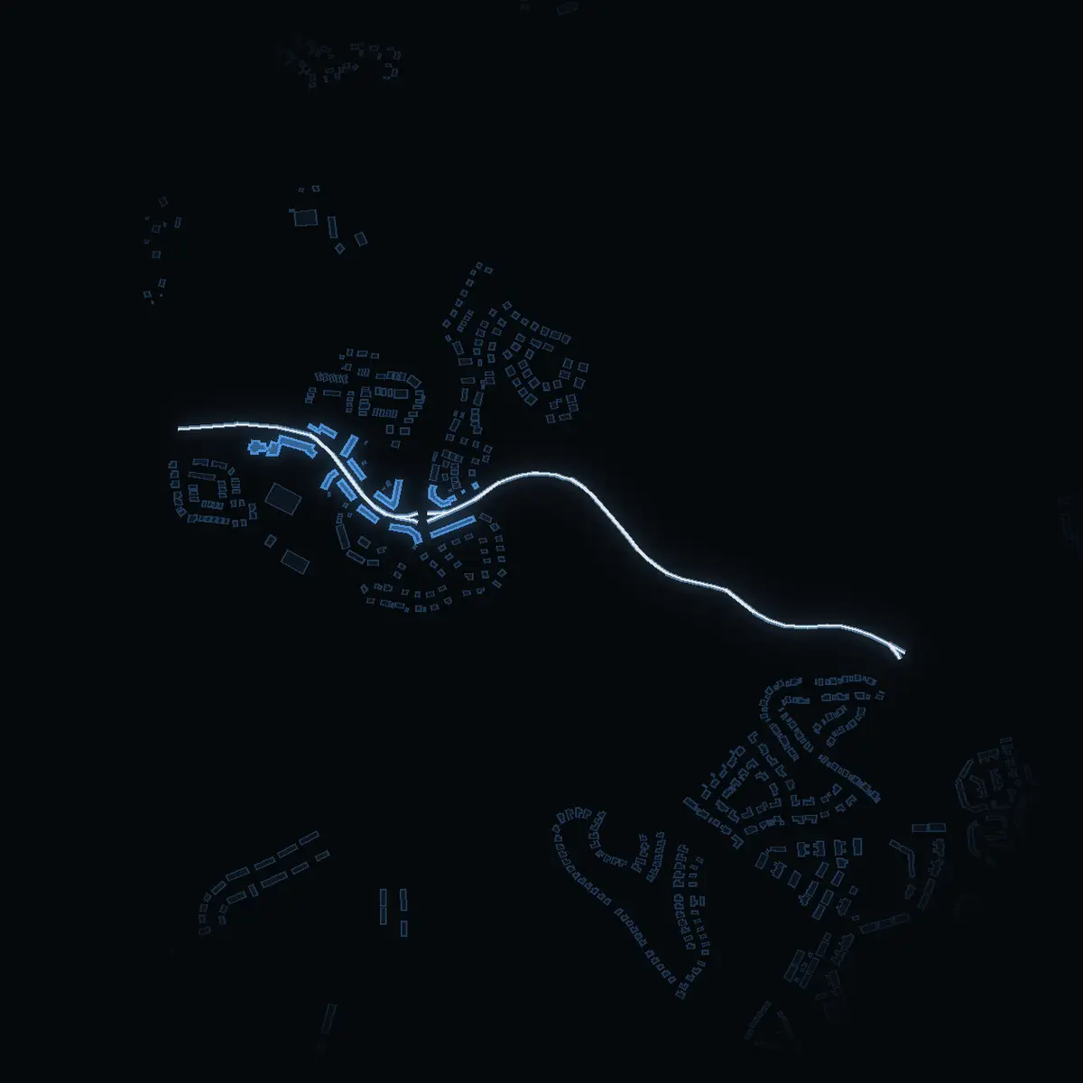 The street at night: Trädgårdsallén drawn in white, its buildings lit in the colour of their area’s income