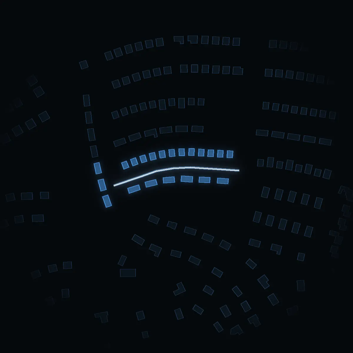 The street at night: Tulpanvägen drawn in white, its buildings lit in the colour of their area’s income