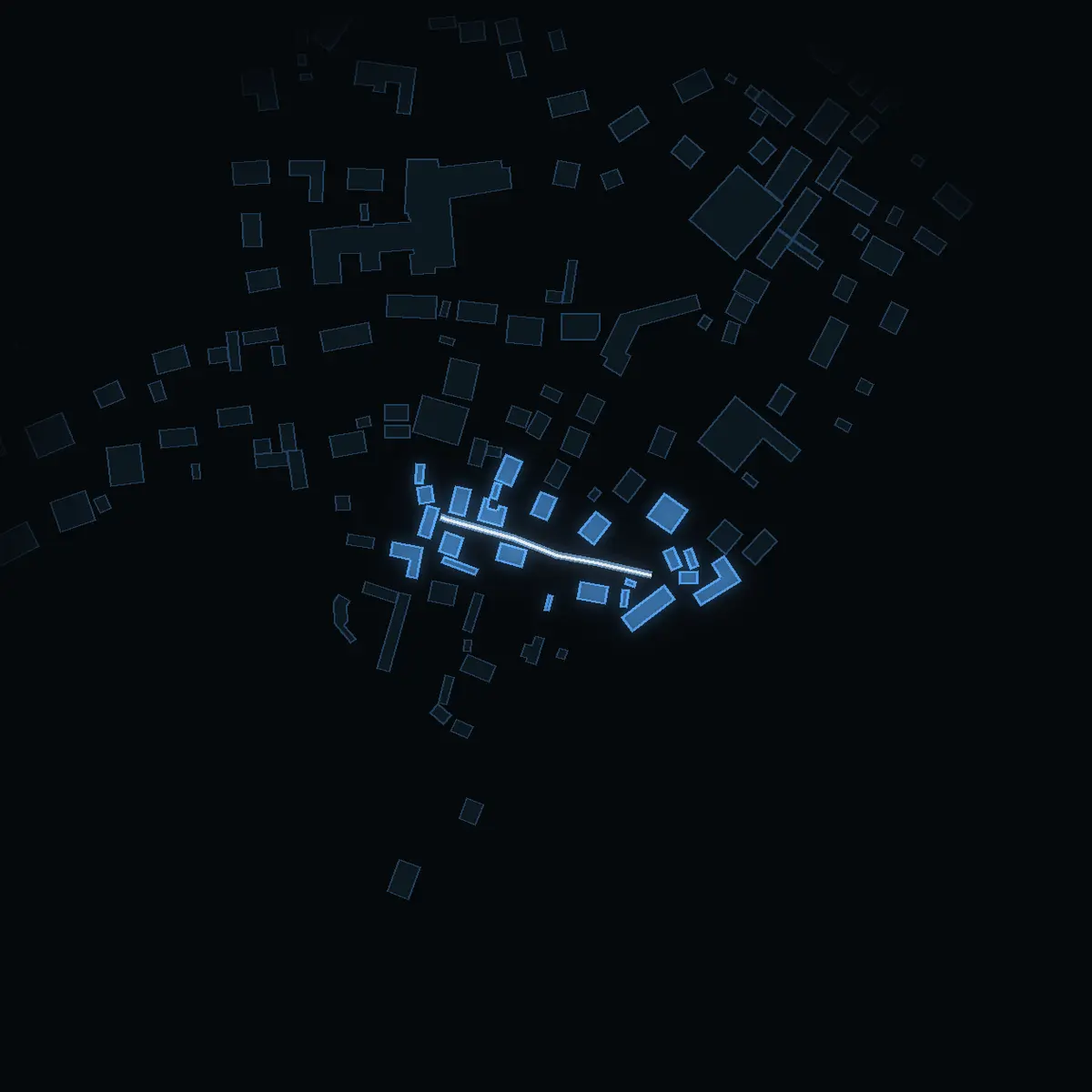 The street at night: Tvärgränd drawn in white, its buildings lit in the colour of their area’s income