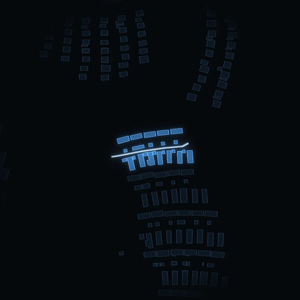 The street at night: Vallgatan drawn in white, its buildings lit in the colour of their area’s income