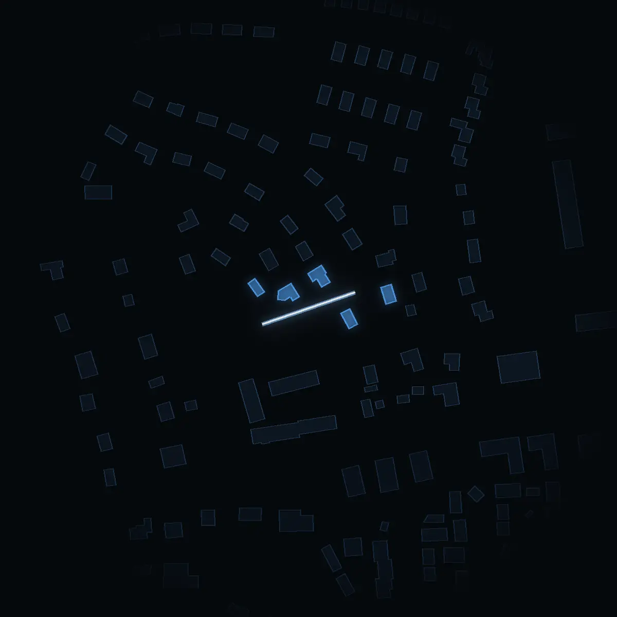 The street at night: Vallmostigen drawn in white, its buildings lit in the colour of their area’s income
