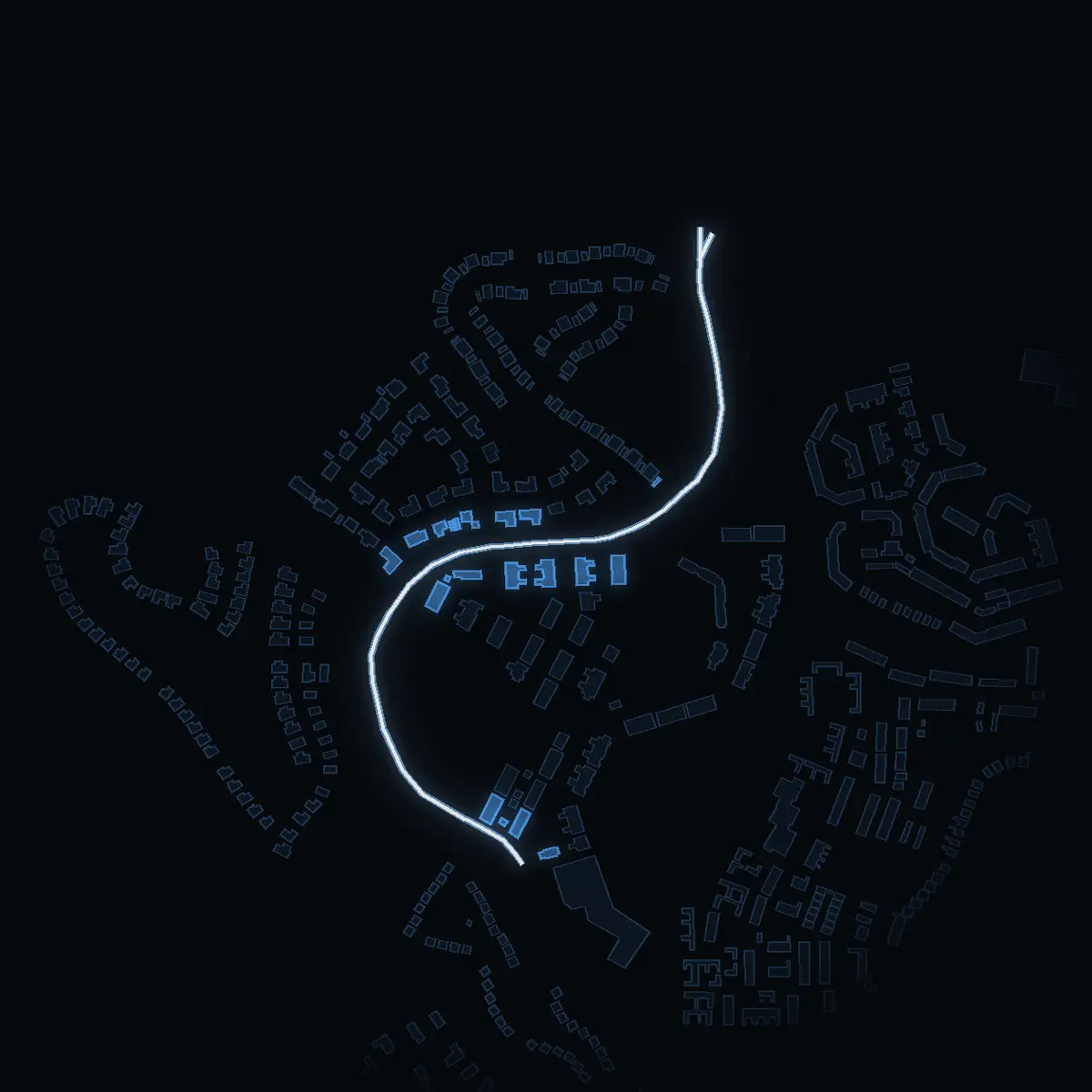 The street at night: Västra Galaxvägen drawn in white, its buildings lit in the colour of their area’s income