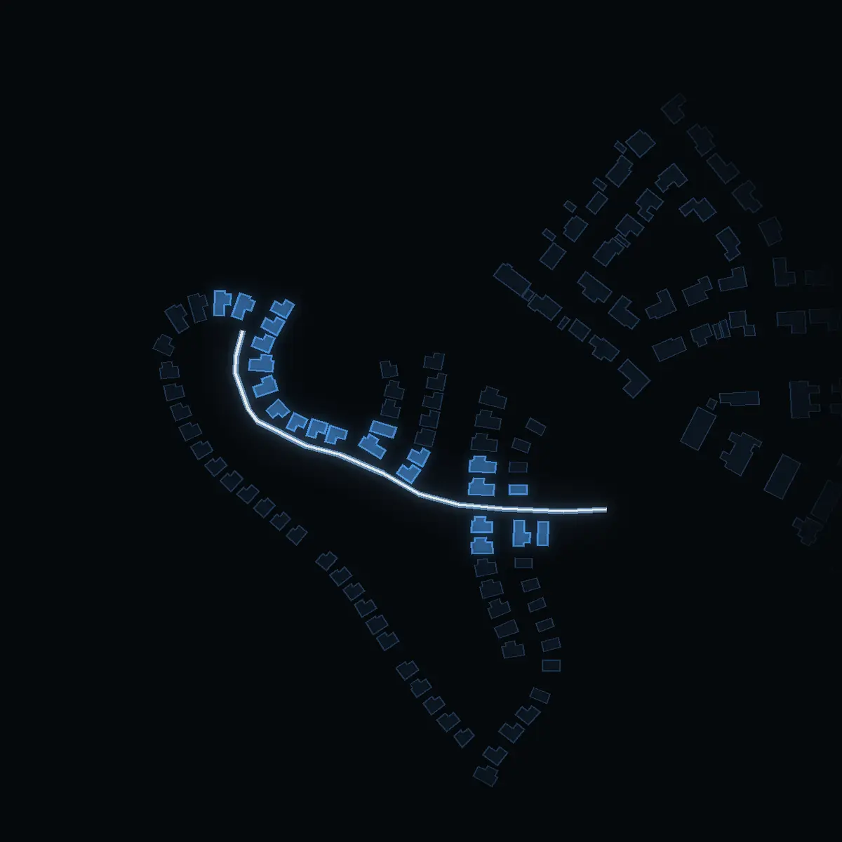 The street at night: Vintergatan drawn in white, its buildings lit in the colour of their area’s income