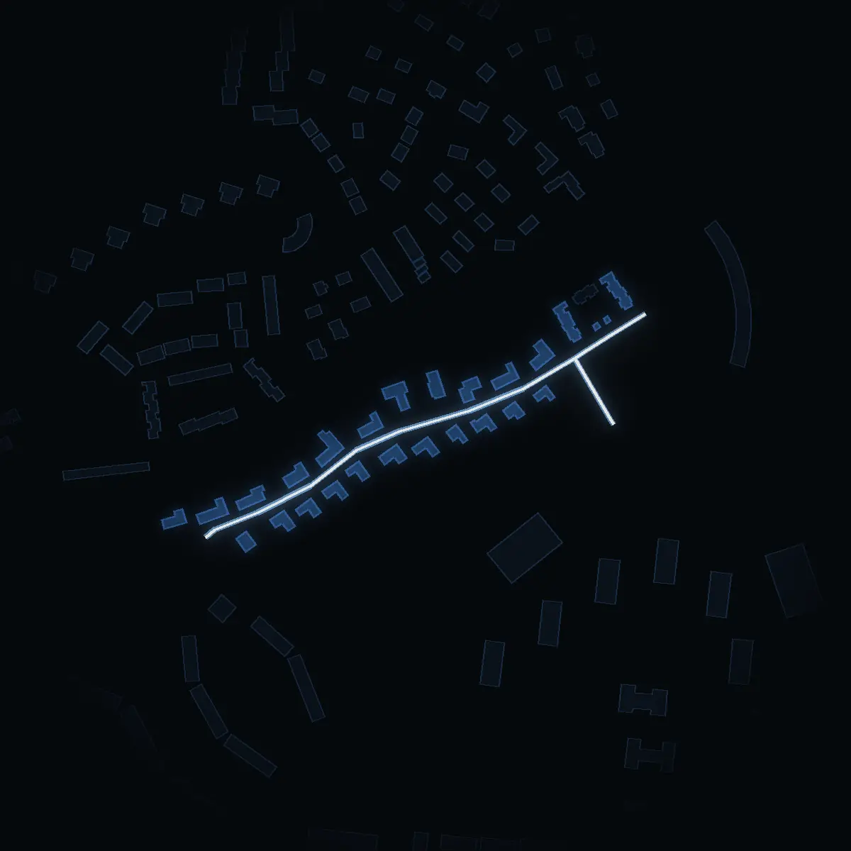 The street at night: Ågärdevägen drawn in white, its buildings lit in the colour of their area’s income