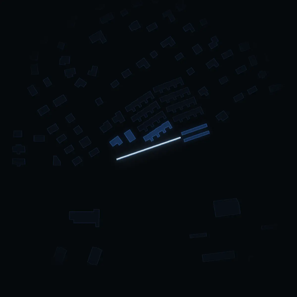 The street at night: Ägostigen drawn in white, its buildings lit in the colour of their area’s income