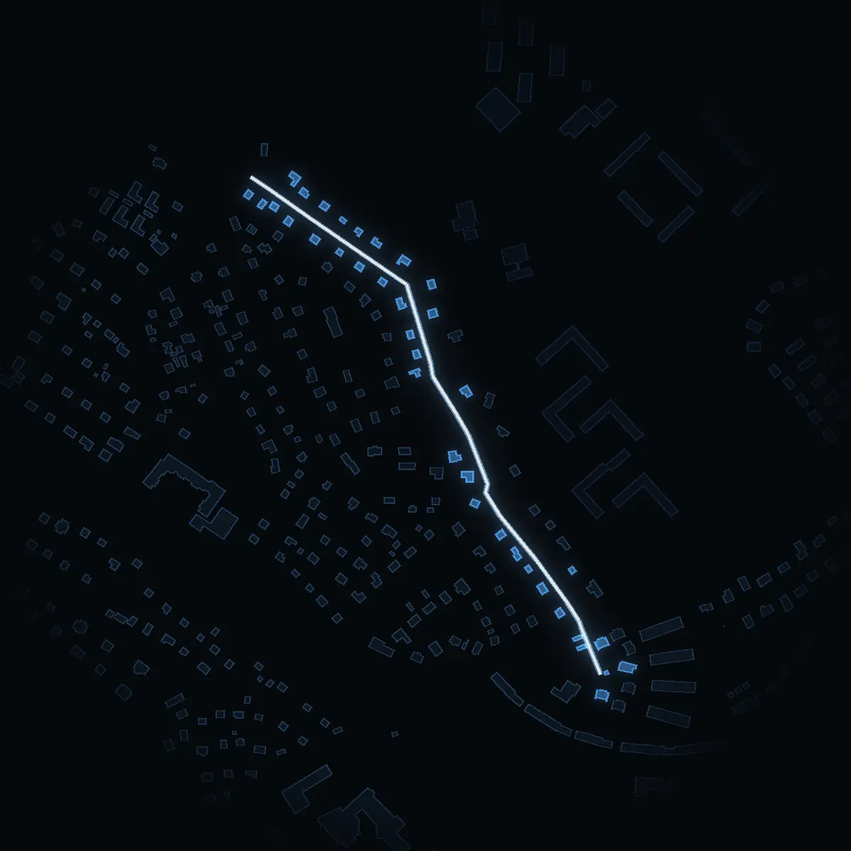 The street at night: Alpvägen drawn in white, its buildings lit in the colour of their area’s income