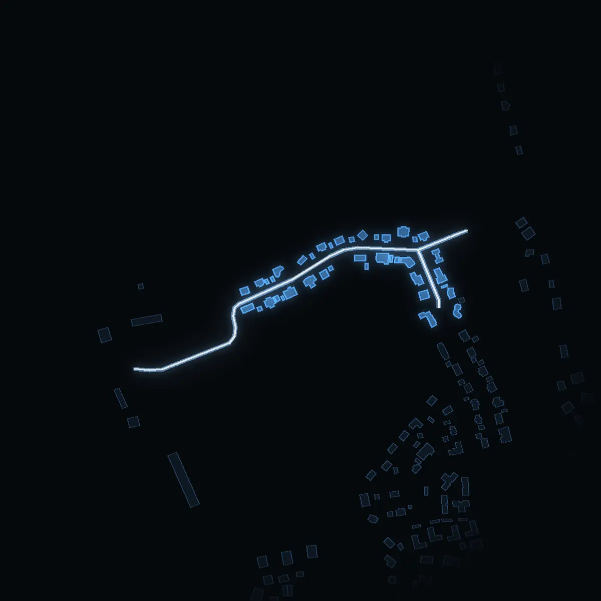 The street at night: AnsGarsvägen drawn in white, its buildings lit in the colour of their area’s income