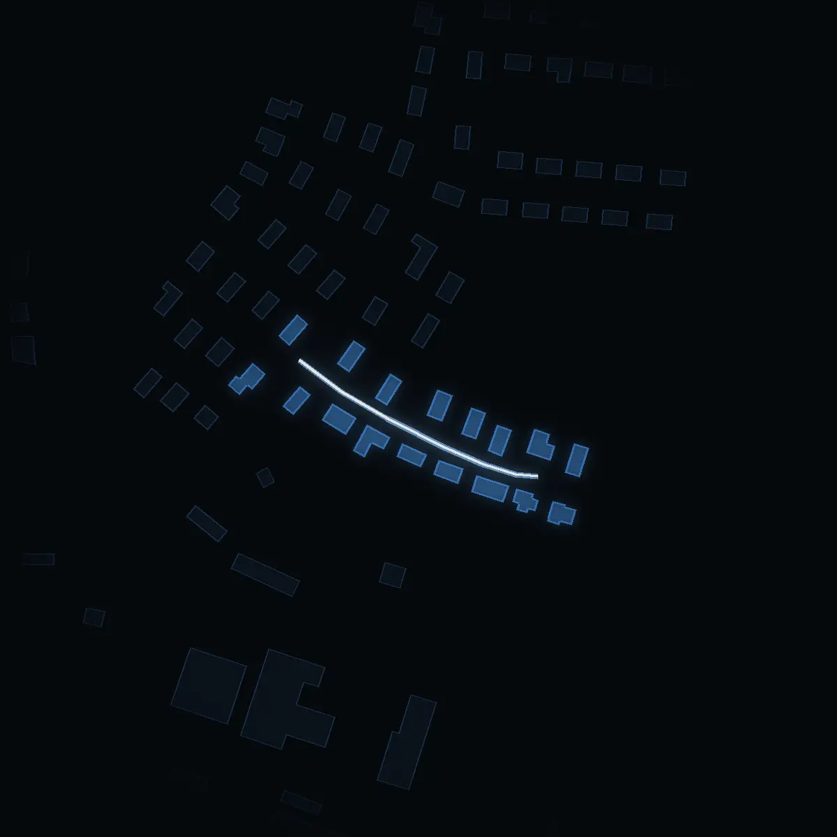The street at night: Äppelgränd drawn in white, its buildings lit in the colour of their area’s income