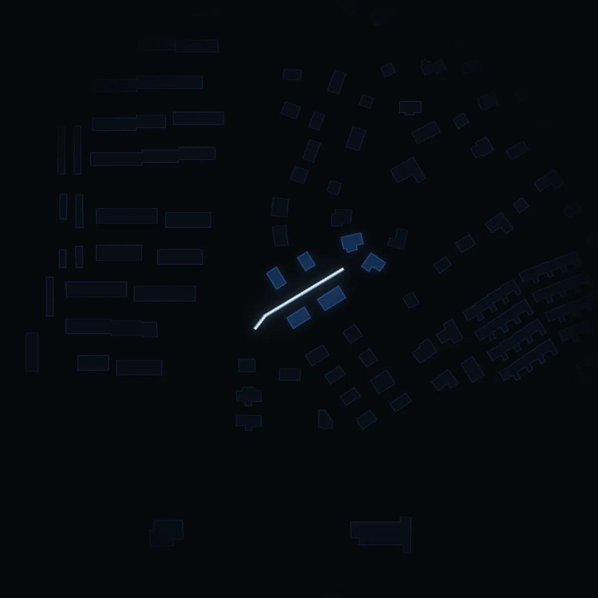 The street at night: Barrhagavägen drawn in white, its buildings lit in the colour of their area’s income