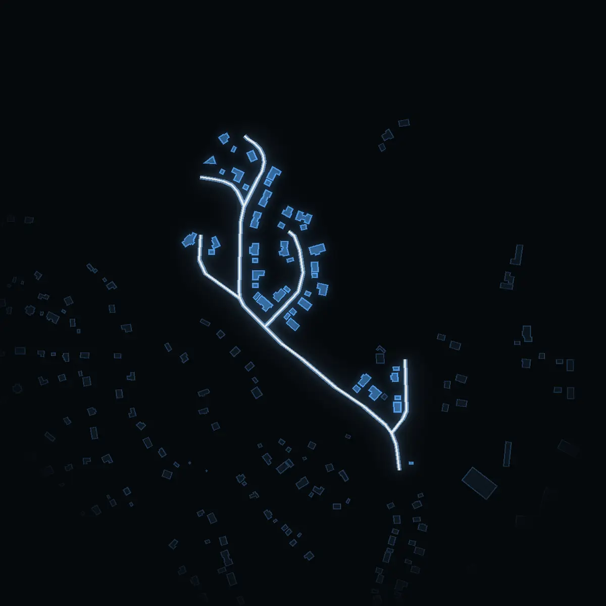 The street at night: Beckasinvägen drawn in white, its buildings lit in the colour of their area’s income