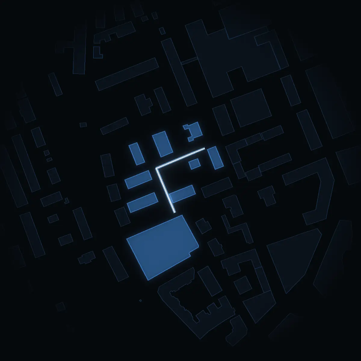 The street at night: Bellevuegatan drawn in white, its buildings lit in the colour of their area’s income