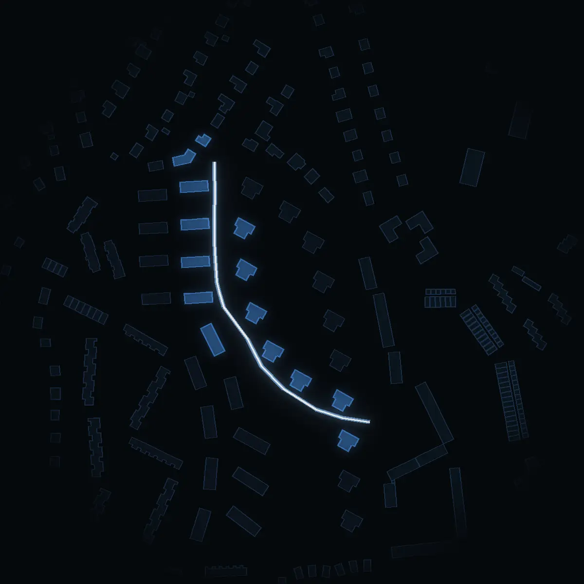 The street at night: Bellmansvägen drawn in white, its buildings lit in the colour of their area’s income