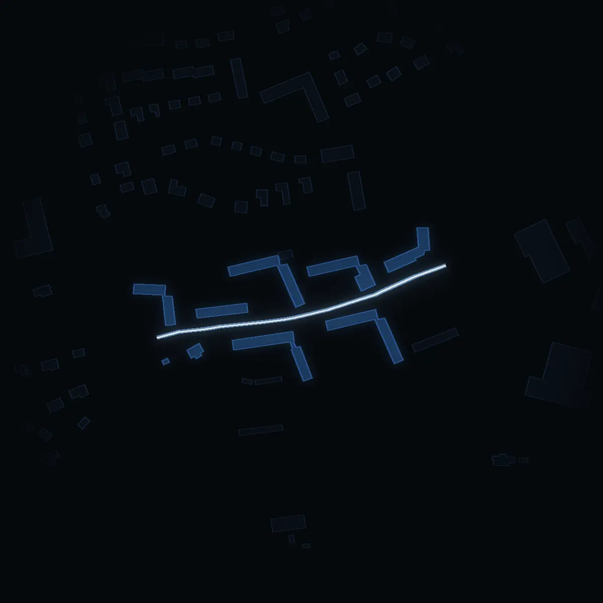 The street at night: Björknäsvägen drawn in white, its buildings lit in the colour of their area’s income